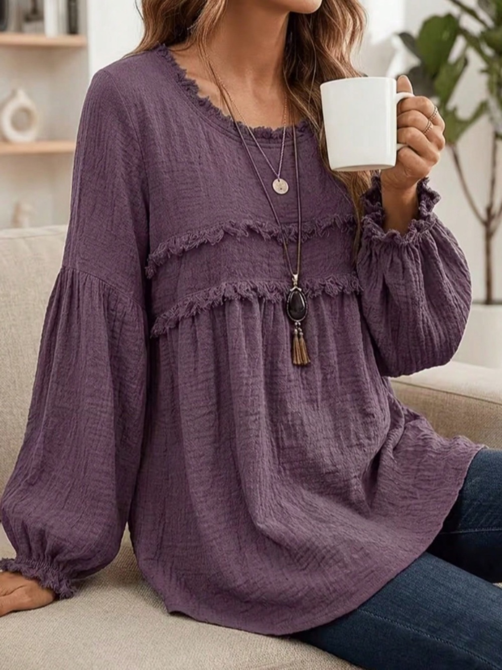 Solid Textured Round Neck Frayed Detail Long sleeve Top - Picture 10 of 12